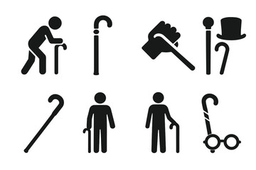 Cane Icon Set. Solid, filled icon set of cane uses: walking aid, fashion accessory, self-defense cane, theatrical prop, hiking stick, posture support, elegant
