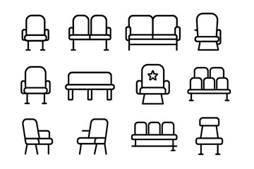 Stadium Seating Icons. Stadium seats. Line icon set of stadium seats: single seat, double seat, row of seats, folding seat, cushioned seat, bench seat, VIP