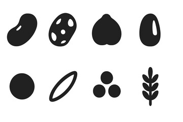 Legumes and Grains Icons. Solid, filled icon set of legumes and grains: kidney bean, pinto bean, chickpea, corn kernel, lentil, rice, quinoa, barley. [Line