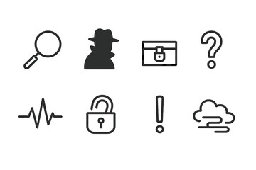 Suspense Icon Set. Outline icon set of suspense motifs: magnifying glass, shadow, locked box, question mark, heartbeat, broken lock, exclamation mark, fog.