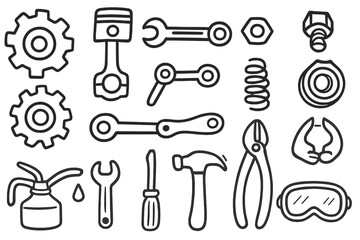 Mechanical Tool Doodles. Hand-drawn doodle illustration complex machinery parts cogwheel, piston, shaft, bolt, nut, gear, lever, spring, bearing, wrench,