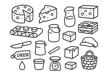 Cheese Factory Doodles. Hand-drawn doodle illustration Cheese factory cheese wheel, wedge, block of cheese, conveyor belt, milk jug, bucket, crate, knife,