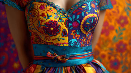 un vestido tradicional de una mujer catrina colorido y cultural sobre un fondo floreado colores vibrantes y tradicionales del dia de muertos