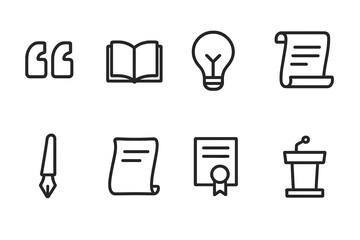 Wisdom Icon Set. Outline icon set of wisdom quotes and knowledge: quotation marks, open book, light bulb, scroll, pen, parchment, certificate, podium. Line