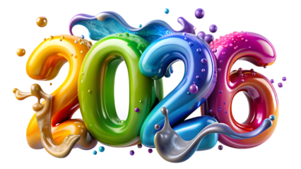 Vibrant and colorful 3d rendered numbers forming 2026 with liquid splash effects isolated on transparent background