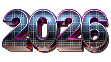 Futuristic chrome metallic 3d numbers 2026 with grid pattern and purple pink neon glow isolated on transparent background
