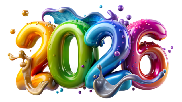 Vibrant and colorful 3d rendered numbers forming 2026 with liquid splash effects isolated on transparent background