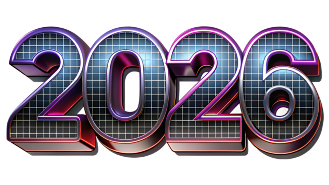Futuristic chrome metallic 3d numbers 2026 with grid pattern and purple pink neon glow isolated on transparent background