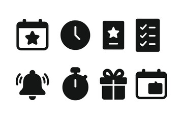 Event Icon Set. Solid, filled icon set of event scheduling: calendar with star, clock, invitation card, checklist, alarm bell, timer, gift box, calendar with