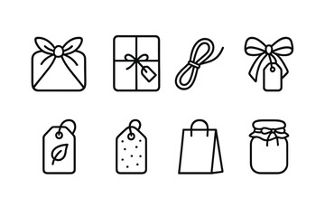 Eco-Friendly Wrapping Icons. Outline icon set of eco-friendly wrapping: reusable fabric wrap, kraft paper wrap, natural twine, recycled ribbon, biodegradable