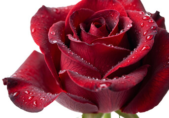 Macro view of a vibrant red rose adorned with glistening water droplets, transparent background png