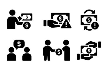 Debt Actions Icon Set. Solid, filled icon set of debt actions: borrow, pay, default, refinance, negotiate, collect, dispute, settle. [Solid, filled icons in