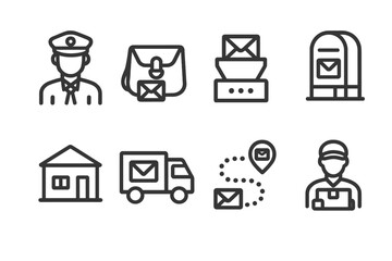 Postal Delivery Icons. Outline icon set of stamp delivery: postal worker, mailbag, sorting machine, mailbox, post office, delivery truck, mail route, courier.