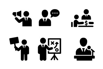 Lobbyist Roles Icons. Solid, filled icon set of lobbyist roles: advocate, advisor, negotiator, public relations, campaigner, consultant, strategist,