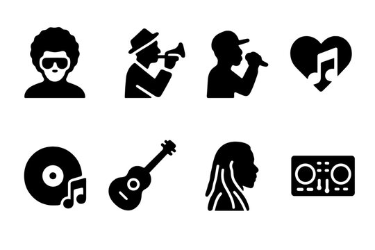 Music Icon Grid. Solid, filled icon set of groove history and culture: funk pioneers, jazz legends, hip-hop roots, soul music, disco era, blues tradition,