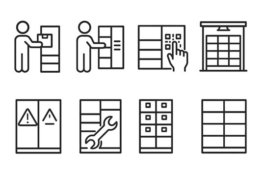 Parcel Locker Icons. Outline icon set of parcel locker operations: package drop-off, package pick-up, locker access code, locker scan QR code, locker error