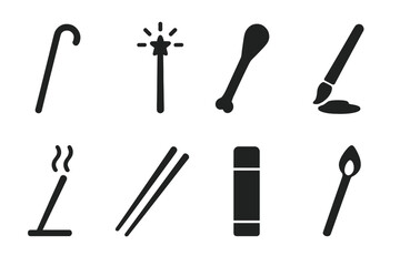 Obraz premium Stick Tools Icons. Solid, filled icon set of stick tools and objects: walking stick, magic wand, drumstick, paint stick, incense stick, chopsticks, glue stick,