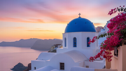 Santorini's Iconic Blue Domed Church at Sunset A Captivating Vista of Greek Architecture and Aegean Sea Serenity