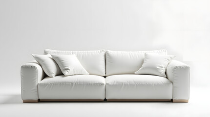 Fototapeta premium A plush white sofa with soft pillows, exuding minimalist elegance and comfort, perfect for modern interiors.