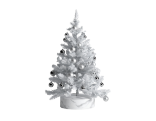 inimalist White Christmas Tree with Silver Baubles on Marble Surface, Transparent Background. 