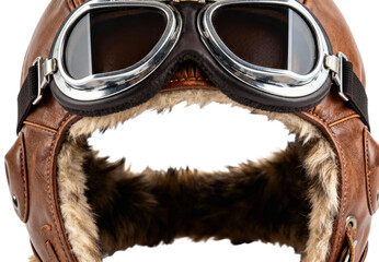Vintage brown leather aviator helmet and pilot goggles for flying, transparent background png