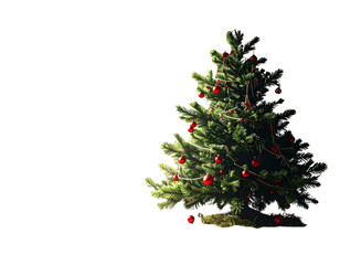 Rustic Pine Christmas Tree with Red and Wooden Ornaments, Warm Festive Atmosphere,And transparent the background.