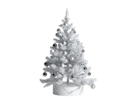 inimalist White Christmas Tree with Silver Baubles on Marble Surface, Transparent Background. 
