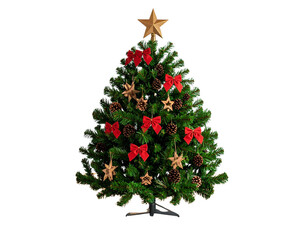 Rustic Evergreen Christmas Tree with Wooden Stars and Red Bows, Cozy Festive Look.And transparent the background.