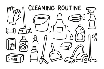 Cleaning Tools Doodle. Hand-drawn doodle illustration Cleaning routine rubber gloves, mop, bucket, cleaning spray, sponge, detergent bottle, scrub brush,