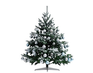   Frosted Christmas Tree with Silver and Blue Ornaments on White Surface, Minimalist Holiday Style,And transparent the background.