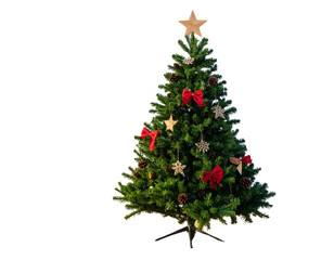  Rustic Evergreen Christmas Tree with Wooded Red Bows, Cozy Festive Look,And transparent the background.