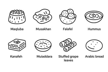 Palestinian Culture Icons. Outline icon set of Palestinian cuisine: Maqluba, Musakhan, Falafel, Hummus, Kanafeh, Mujaddara, Stuffed grape leaves, Arabic bread.