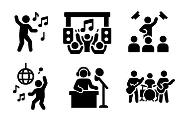 Music Event Icons. Solid, filled icon set of beat music events: dance party, music festival, concert, club night, DJ set, open mic, drum circle, live band.