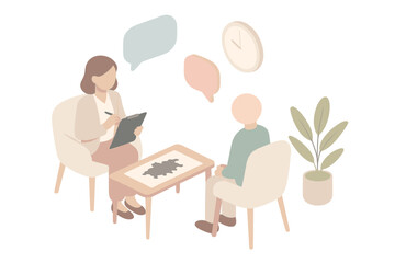 Therapy Inkblot Scene. Isometric vector illustration set Therapy Session with Inkblots: therapist seated with clipboard, patient
