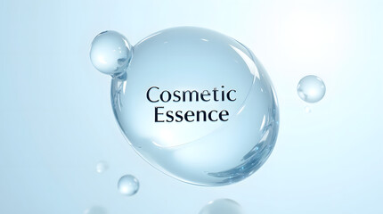 A close-up view of a water droplet featuring the text 'Cosmetic Essence,' showcasing a clean and modern aesthetic.