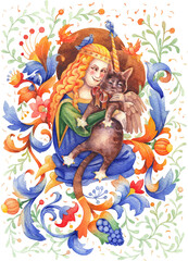 Naklejka premium Watercolor curly-haired girl hugs her fantasy-style winged cat.