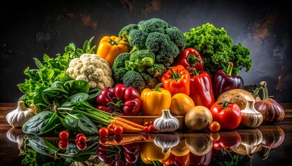 A vibrant still life arrangement of fresh organic vegetables, including broccoli, peppers, and tomatoes, on a reflective dark table.