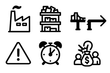 Excessive Scaling Icons. Solid, filled icon set of excessive scaling: oversized factory, overflowing shelf, broken bridge, stretched timeline, warning sign,