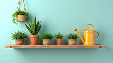 A vibrant display of indoor plants on a wooden shelf against a teal wall, featuring a cheerful yellow watering can.