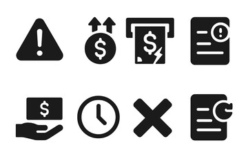 Emergency Withdrawal Icons. Solid, filled icon set of emergency withdrawal: exclamation icon, urgent money, broken ATM, alert form, cash in hand, clock icon,