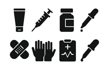 Eczema Treatment Icons. Solid, filled icon set of eczema related medical tools: ointment tube, syringe, pill bottle, thermometer, bandage, gloves, medical