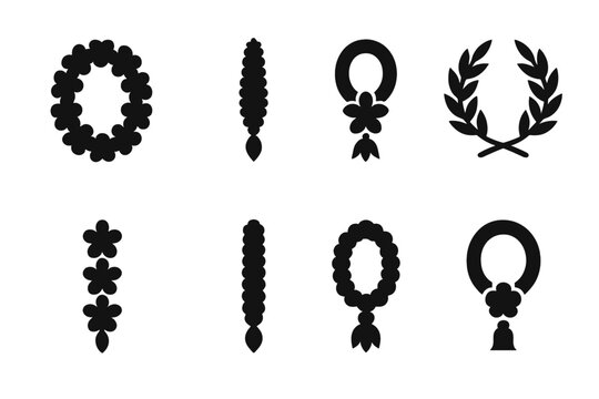 Cultural Garland Icons. Solid, filled icon set of cultural ceremonial garlands: Hawaiian lei, Indian jasmine garland, Thai floral loop, Polynesian kukui