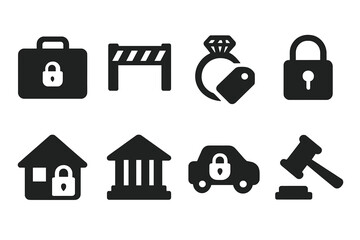 Asset Seizure Icons. Solid, filled icon set of asset seizure: locked briefcase, police tape, confiscated jewelry, secured lock, seized house, government