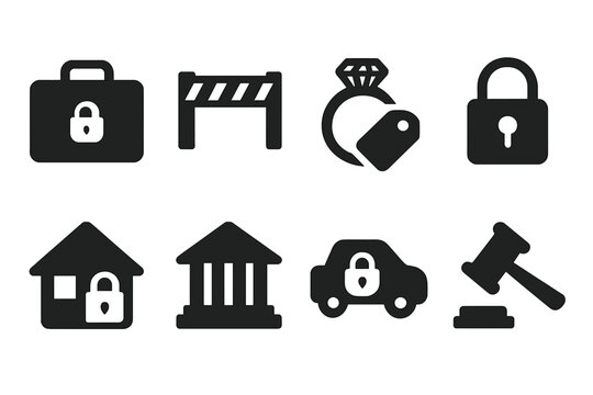 Asset Seizure Icons. Solid, filled icon set of asset seizure: locked briefcase, police tape, confiscated jewelry, secured lock, seized house, government
