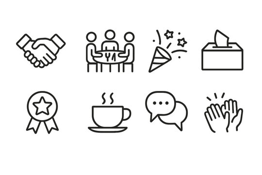 Office Culture Icons. Outline icon set of office culture: handshake, team lunch, celebration, suggestion box, award, coffee cup, chat, applause. Line icons in