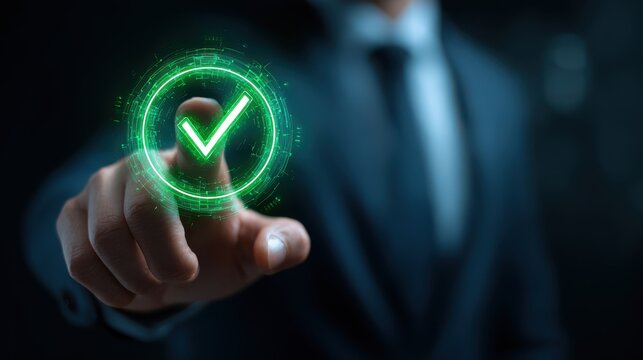 Businessman pressing virtual confirmation button with glowing green check mark.