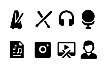 Drumline Practice Icons. Solid, filled icon set of drumline practice and rehearsal: metronome, drumsticks, headphones, practice pad, music sheet, recording