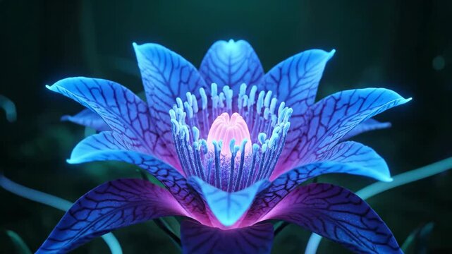 Close up of a mysterious blue flower bud with glowing petals opening slowly in fantasy digital art scene, computer animation.