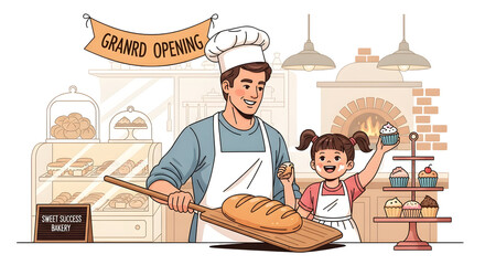 Baker and little girl celebrating a grand opening at a sweet treats bakery with freshly baked bread and cupcakes