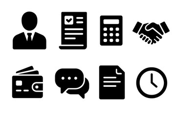 Credit Counseling Icons. Solid, filled icon set of credit counseling: advisor, credit report, calculator, handshake, wallet, speech bubbles, document, clock.